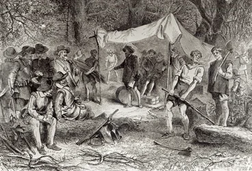 ジェームズタウンの初日、1607年5月14日、アウグストゥスL.メイソンによる「開拓者生活のロマンスと悲劇」、1883年（彫刻）（写真）