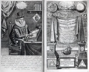 フランシスベーコンの「Instauratio Magna」の前絵とタイトルページ、1640