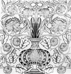 「花瓶」- ウィリアム・モリス（1834-96）デザイン、メイ・モリス制作の刺繍パネル