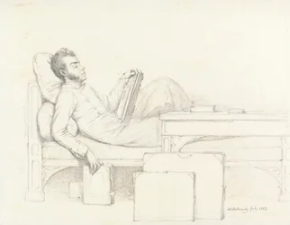 Auto-retrato do artista reclinado em um sofá gótico lendo um livro