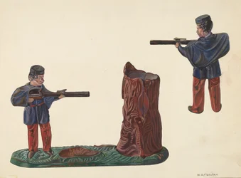 南北戦争の兵士と木の幹の銀行、1937年頃。