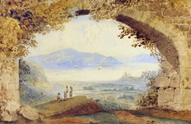 廃墟のアーチの下のギリシア人（水彩画）