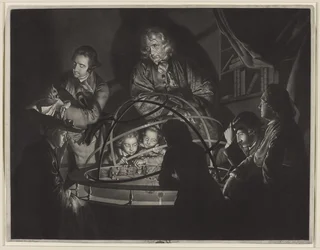 ダービーのジョセフ・ライト（1734-97）の後、太陽系儀で講義を行う哲学者
