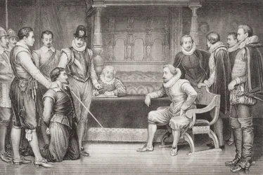 ガイフォークス（1570-1606）は、ジェームズ1世（1566-1625）とキングの寝室にある彼の評議会から、「英語とスコットランドの歴史のイラスト」第1巻から尋問を受けました。