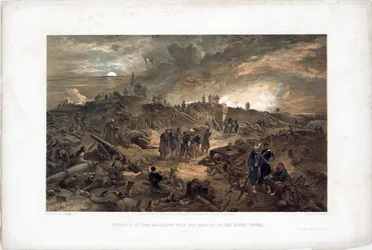 クリミア戦争 (1853-1856): 1855 年 9 月 8 日、マラコフの塔を占領した後、廃墟の中にいるフランス軍、セバストポル (ウクライナ) の包囲のエピソード (1855 年 9 月 8 日のマラコフの占領後) - ウィリアム・シンプソンによるリトグラフ(18