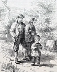 老夫婦とその孫。イギリスのイラストレーター、ウィリアム・スモール(1843-1929)によるもの。1880年（彫刻