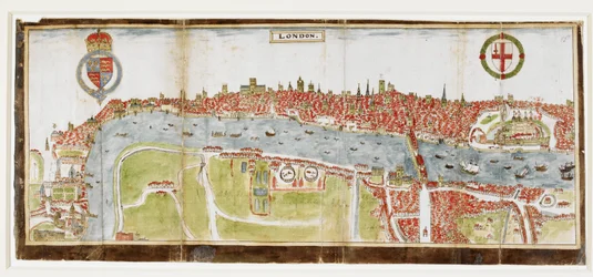 Sloane 2596, f.52 ロンドンを南から見た、テムズ川、ロンドン橋、塔が見える