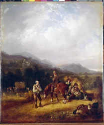 小麦の収穫。 William I Shayer (1788-1879) の作品、厚紙に油彩。 19世紀イギリスの美術、風景、ジャンルシーン。 国立エルミタージュ、サンクトペテルブルク。