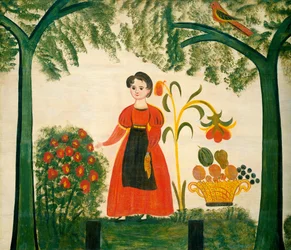 赤い服と花とディステルフィンクの少女 1830年頃 油彩・木（ファイヤーボード