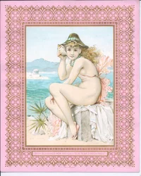 貝殻を耳に当てたビーチでの水着美女のビクトリア朝の年賀状、1881年頃