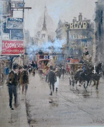 フリート・ストリートとラドゲート・ヒル高架橋、通過する列車からの煙、1910年頃（水彩画）