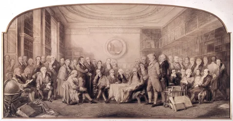 1807-1808年の科学界の著名人たち。イギリスの王立科学研究所の図書館での会合。ウィリアム・ウォーカーとサー・ジョン・ギルバート（1817 - 1897）によるエングレーヴィング - 1807年に生きた著名な科学者たち - Eminent Men of Science