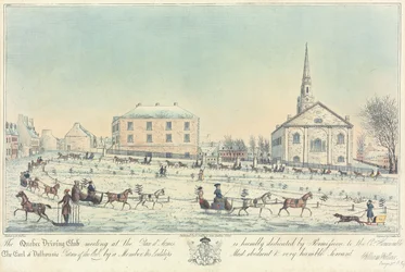1826年にJ.Smillie Jr.によって刻まれた、Placed&39;Armesでのケベックドライビングクラブの会議