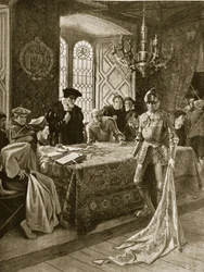 フロデンの後の貿易の旗のエディンバラへの復帰、「ハッチンソンのイギリス国民の物語」、1923年頃のイラスト