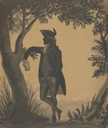 本を持って木に寄りかかっている若い男性、1780-89年頃。