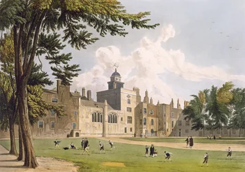 W.ベネットによって刻まれた、アッカーマンの「カレッジの歴史」の一部である「歴史のチャーターハウス」の遊び場からのチャーターハウスは、1816年に公開されました（アクアチント）