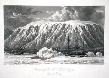 1819年9月20日、H.M.S.ヘクラとグリパーの状況（ウィリアム・エドワード・パリー著、1821年発行の「Journal of a Voyage for the Discovery of a North West Passage from the Atlantic to the Pacific performed in Year 1819-20」より）（エングレーヴィング