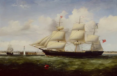 船の羊飼いがマージー川に到着し、パーチ ロック フォートと灯台を通過する (キャンバスに油彩)