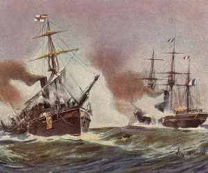 1870年11月9日、ハバナ沖でのドイツ軍砲艦「メテオール号」とフランス軍アヴィーゾ「ブーベ号」の戦闘（カラーリトグラフ）。