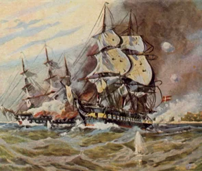 1849年4月5日、エッケルンフェルデ近郊のドイツ軍の海岸砲台（カラーリトグラフ）。