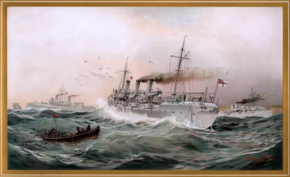 Kaiserliche Marine Griffin、Meteor、Jagd が胸の町を見渡す、Willy Stöwer によるクロモリトグラフ、1894 年、G. Wislicenus、Unsre Kriegsmarine から nr9。