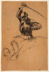 素描、馬上で剣を持つ騎兵兵士、1863年