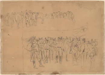 1864年、休息中の将校と馬たち。