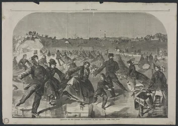1860年、ニューヨークのセントラルパークにあるレディーススケートの池でスケート。