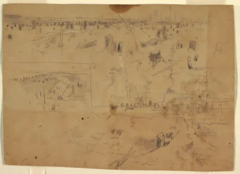 バージニア州ピーターズバーグにある木の切り株と枯れた木の幹のある戦場の研究。