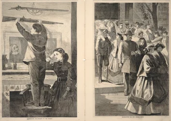 感謝祭の日--マスケット銃を吊るす／感謝祭の日--教会のポーチ（1865年12月23日、フランク・レスリーのイラストレイテッド・ニュースペーパーより
