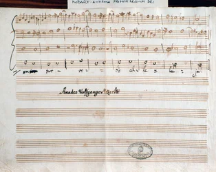 モーツァルトがアカデミコ・フィラルモニコの称号を得るために作曲した「Querite primum regnum Dei」の作曲者のサインがあるページ（1770年