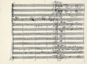 ヴォルフガングアマデウスモーツァルト（1756-1791）オーストリアの作曲家。魔法のフルートからの火の音楽の終わりとデュエットのパミナスとタミノス（火のグルテンの中を歩いた）の始まりのサイン。 1791