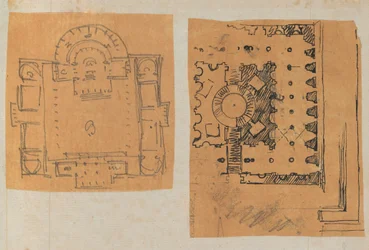 建築・インテリアのドローイングと数枚のプリントを収めたスクラップブックのページ（1800年頃～1850年頃）。制作者シャルル・ペルシエの工房、ピエール・フランソワ・レオナール・フォンテーヌの工房。