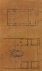 建築・インテリアのドローイングと数枚のプリントを収めたスクラップブックのページ（1800年頃～1850年頃）。制作者シャルル・ペルシエの工房、ピエール・フランソワ・レオナール・フォンテーヌの工房。
