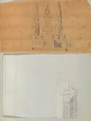 ドローイングといくつかのアーキテクチャの版画を含むスクラップブックのページ, Int..., ca. 1800～1850年。 クリエイター: シャルル・ペルシエのワークショップ、ピエール・フランソワ・レオナール・フォンテーヌのワークショップ。