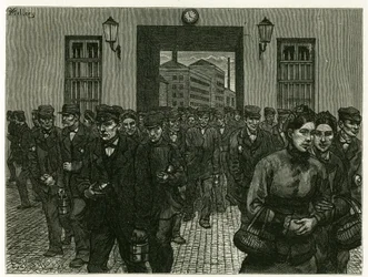 ゲントの工場の出口。美術評論家・作家のカミーユ・ルモニエ（1844-1913）が1888年に発表した物語「ベルギー」の挿絵として、X.メレリーが自然を模写して描いたもの。エドワード・シャルトン（1807-1890）編集の『Tour du monde』（1883年第2学期）に掲載。