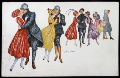 軍人とその婚約者、結婚者、友人 - グザビエ・セイガー（1870-1930）のイラスト ポストカード、v.1915年