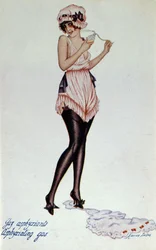 1830年頃のモデルコルセットとドア-ガーター。By Xavier Sager (1870-1930) F. LibronとH. Clouzotによる「The corset in art and morals from the 18th to the 19th」にて。