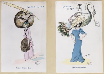 「イーグルフクロウの毛皮の帽子」と「鶴の帽子」、漫画のファッションプレート、1910