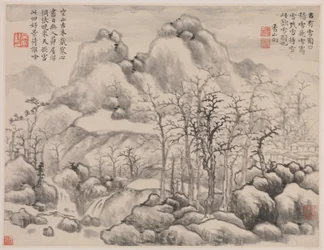 1645-55年周良公アルバムより「雪景」（12枚の絵と見開きの書からなる集合アルバムの二重アルバムリーフ、紙にインク）