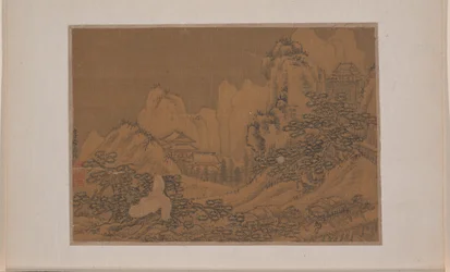 牛車道のある風景（11点からなるアルバムの中の細密画、絹本、墨、彩色）