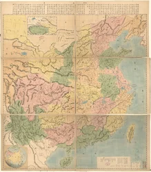 220万。 清帝国の行政区画を示しています。 また、海岸と、嘉峪関関の東部とチベットの間の地域も示しています。 供給されます。 手彩色。 ハッチと陰影によって示されるレリーフ。 印鑑押印あり。 本初子午線