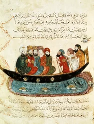 Ms.Ar 5847 f.67 「ユーフラテス川の舟」（1240年頃、アル・ハリリ作「Al Maqamat（The Meetings）」の細密画）（ベラムにグワッシュ