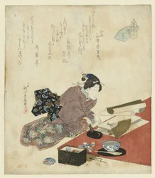 うちわを書く準備をする女性 6: インクの準備 (オブジェクトのタイトル)