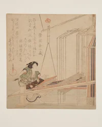 織り機で織る女（カラー木版画