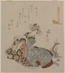 鉢植えの梅の木の横にある遊女の読書...、1820年代初頭。
