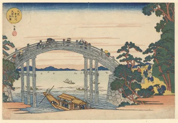 De stenen brug bij de Tenpo berg en de Aji rivier in Osaka Osaka Ajikawa Tenpozan ishibashi (title on object) Beroemde kijkjes bij de Tenpo berg in Osaka (series title) Naniwa meisho Tenpozan shokei ichiran (series title)