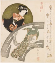 梅の花の上の芸者と孔雀; 本朝連のための10枚揃い（連作題）; 本朝連十番続（作品上の連作題）