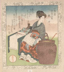 ヌジ（日本語: ジョキ。道教の賢者たちの著作を編纂した女性の侍女）; 「紙」（カミ）、一葉詩歌会のための「文房四友」（一葉連文房四友）より 春雨集、巻1より