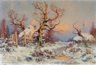 夕日の冬の風景。 Juli Julievich (Julius) von Klever (1850-1924) による絵画、キャンバスに油彩、19 世紀後半から 20 世紀初頭。 ロシアの芸術、リアリズム。 プライベート コレクション。